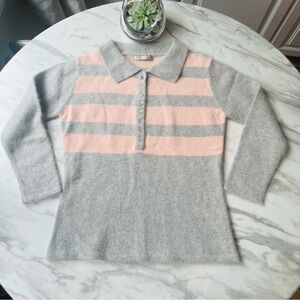 Vintage Gray and Blush Pink Striped Polo Sweater